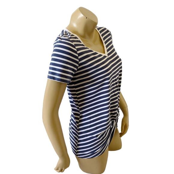 TRIBAL Womens Petite Size PS Striped V Neck Knotted Short Sleeve T Shirt - Picture 2 of 7